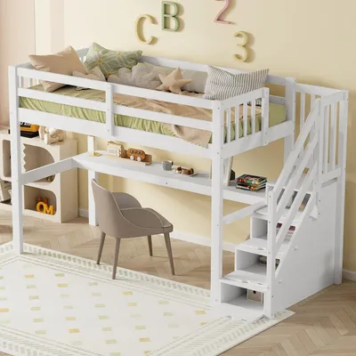 Image de OKWISH Lit Mezzanine 90x200 cm - Lit Enfant avec Bureau Intégré et Escalier de Rangement - Sans Matelas - Bois et MDF - Blanc