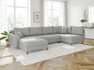Produktbild von S-STYLE MÖBEL - Kai - Wohnlandschaft mit Braun Holzfüßen im skandinavischen Stil aus Hellgrau Cord-Stoff, Ottomane links