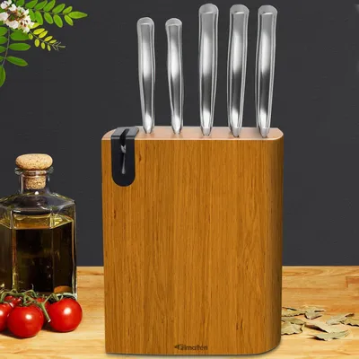 Immagine prodotto di Set di coltelli da cucina in acciaio inossidabile, 6 pezzi, con affilacoltelli integrato e manico in legno