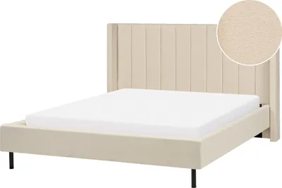 Produktbild von BELIANI Polsterbett Hellbeige Bouclé mit Lattenrost 160 x 200 cm Hohes Kopfteil Gesteppt Schwarze Metallfüße Modern Doppelbett Schlafzimmer Ausstattung
