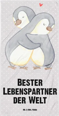 Produktbild von Mr. & Mrs. Panda Handtuch Pinguin Bester Lebenspartner der Welt - Grau Pastell - Geschenk, Freundin, Partner, Strandlaken, Ehefrau, Badehandtuch, Geschenkidee, Strandtuch