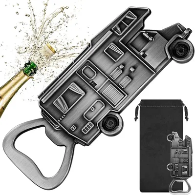 Imagen del producto de Abrebotellas Camper, diseño oscuro plateado, metal, compacto, ideal para camping