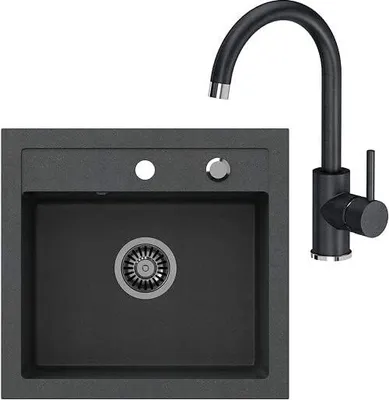 A black granite kitchen sink with a black faucet is shown against a white background.