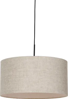 A pendant lamp with a beige fabric shade and a black cord, isolated on a white background.