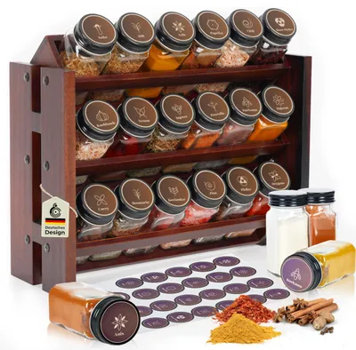Produktbild von Gewürzregal aus dunklem Holz, freistehend und zur Wandmontage, 18 Gewürzgläser, 25 Etiketten, Vintage-Gewürzorganizer, hängender Gewürzständer, Aufbewahrungsregal
