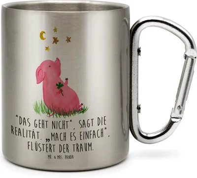 Produktbild von Mr. & Mrs. Panda Thermobecher Schwein Glück - Transparent - Geschenk, Motivation, karabiner tasse, Teetasse, Edelstahltasse, Lustige Sprüche, Glücksbringer, Träume