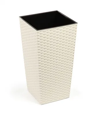 A single, tall, square planter pot with a woven texture is shown against a white background.