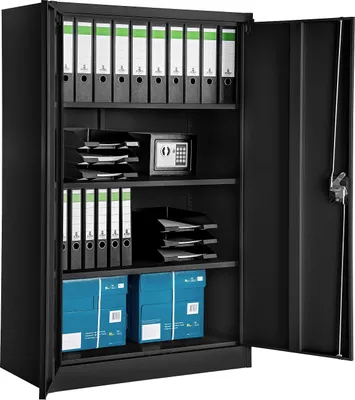 An open black metal filing cabinet filled with binders, trays, and boxes, with a small safe on one shelf.