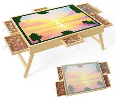 Produktbild von Puzzletisch - Arbeitstisch für Puzzles - 1000 Teile - 3 verstellbare Neigungswinkel - 6 Sortierschubladen - Tragbar - Holz