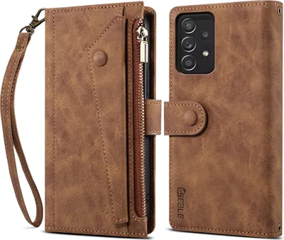 A brown leather wallet case for a smartphone, shown open and closed.
