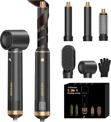Image de Ensemble Airstyler 5-en-1, brosse rotative à air chaud, 3 réglages de température, fonction ionique, pour le coiffage des cheveux