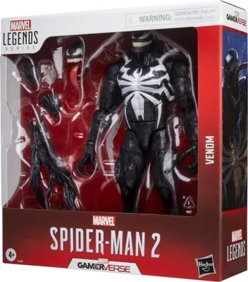 A product shot of a Marvel Legends Spider-Man 2 Gamerverse Venom action figure in its packaging.