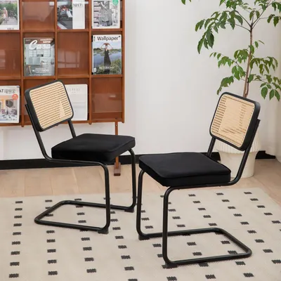 Produktbild von LVHOM 2er Set Freischwinger Esszimmerstuhl im Bauhaus Stil, Wiener Geflecht Rattan-Rückenlehne, Retro Samt Polsterstuhl mit Metallgestell, Schwarz