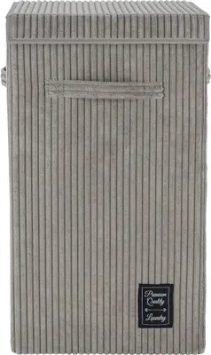 A gray laundry basket with a ribbed texture and a small black label.