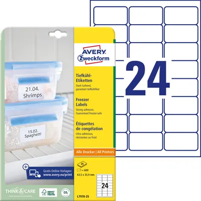 Obrázok produktu pre Avery L7970-25, Biela, Zaoblený obdĺžnik, 63.5 x 33.9 mm, A4, Papája, Univerzálne