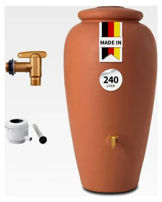 Produktbild von Regentonne Set 240 Liter Terrakotta – Wassertank mit Auslaufhahn und Fallrohranschluss – Frostsicherer Regenwassertank für den Garten
