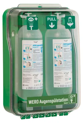 Produktbild von WERO Augenspülstation DustProof, gefüllt mit 2 WERO Augenspülflaschen P8 1000 ml