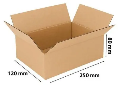 A brown cardboard box with dimensions indicated.
