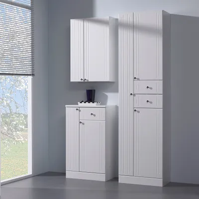 Produktbild von Badezimmer Schrank Set in weiß mit weiß Hochglanz NEMI-66, B/H/T ca. 115/188,5/33 cm