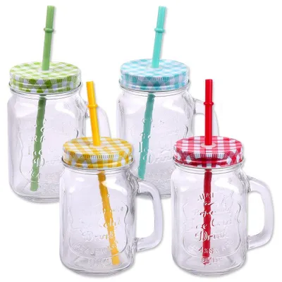 Produktbild von Schramm® 4 Stück Trinkgläser mit Deckel, Henkel und Mehrweg -Strohhalm Trinkhalm wiederverwendbar (iii) Glas Gläser Trinkglas Cocktail ca. 500ml Drink