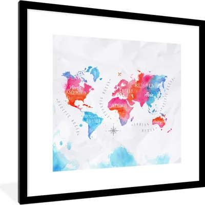 Produktbild von MuchoWow® MuchoWow® Gerahmtes Poster Weltkarte - Farben - Aquarellfarben 40x40 cm - Poster mit zchwarzem Bilderrahmen - Poster - Plakat im Rahmen
