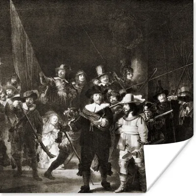 Produktbild von MuchoWow® Poster Die Nachtwache in Schwarz und Weiß - Gemälde von Rembrandt van Rijn 30x30 cm - Wandposter - Printing