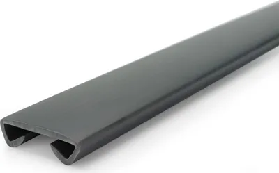 A close-up, studio shot of a dark gray PVC handrail profile against a white background.