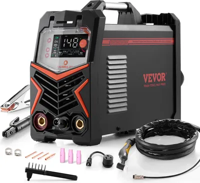 A VEVOR welding machine and its accessories are displayed on a white background.