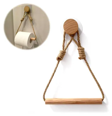 Produktbild von Toilettenpapierhalter ohne Bohren, Vintage Halter aus Seil und Holz für das Badezimmer, Multifunktionale Halterung für Toilettenpapier, Handtücher und Papiertücher, Rustikale Dekoration für Ihr Bad