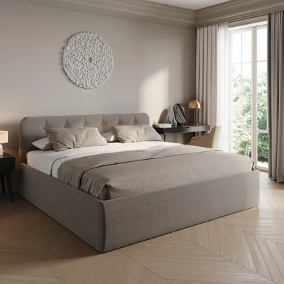Image de Lit rembourré Home Collective 200 x 200 cm, lit double avec sommier à lattes réglable et coffre de rangement, tête de lit rembourrée, fabriqué en Allemagne | Beige