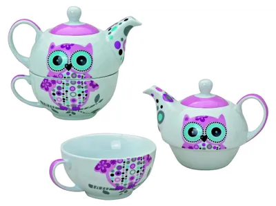 Produktbild von Teekanne mit Tasse Tea4one Keramik in Weiß mit Eulendekor
