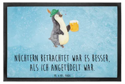 Produktbild von Mr. & Mrs. Panda fußmatte Pinguin Bier 40 x 60 cm - Eisblau - Geschenk, , Fußabstreifer, Schmutzmatte, Eingangsteppich, Türvorleger, Beschwippst, Pinguine