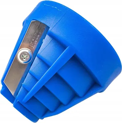 A close-up studio shot of a blue plastic pipe deburring tool with a silver metal blade.