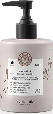 A bottle of Maria Nila Cacao Colour Refresh hair mask with a pump dispenser.