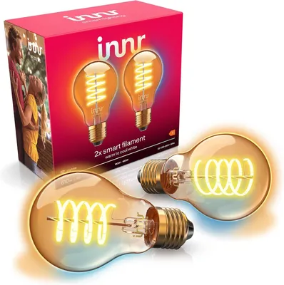 A product box for Innr smart filament light bulbs, with two bulbs shown in the foreground.