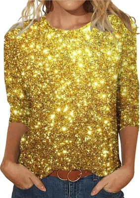 Produktbild von TANGNADE Damen Pailletten T-Shirt Design Dreiärmeliges Rundhals-Modeoberteil, Gelb M
