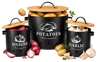 Produktbild von 3er Set Vorratsdosen aus Metall mit Bambus Deckel für Knoblauch, Zwiebel und Kartoffel Kartoffeltopf Zwiebeltopf Knoblauchtopf Vorratsbehälter