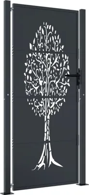 A dark gray metal garden gate with a white tree design cut out of it, standing vertically on a light gray background.