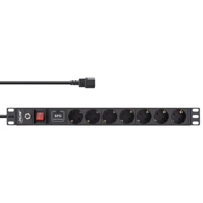 Produktbild von InLine 19" Steckdosenleiste, 7-fach Schutzkontakt, C14, ÜSS, Überlastschutz, 7 AC-Ausgänge, C14-Koppler, IEC 320, 2500 W, 1,5 mm², C14-Koppler, Schwarz