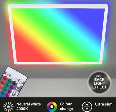 BRILONER SLIM LED Panel, Fernbedienung, Dimmbar, RGB bunte Lichtfarben, Neutralweißes Licht, weiß, 42 x 42 x 3 cm