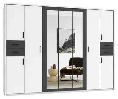 Produktbild von Drehtürenschrank Kleiderschrank 313cm Passepartout Spiegel Weiß, Griffe schwarz / 22584