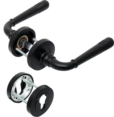 A black door handle set is shown, with one handle and its associated rose plate assembled, and the other handle and rose plate shown separately, demonstrating the components.