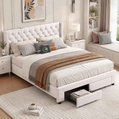 Produktbild von INONEFT Doppelbett 140 x 190 cm, Polsterbett mit LED und Nietenverzierungen, Erwachsenenbett mit USB und 2 Schubladen, Samt, Beige, ohne Matratze