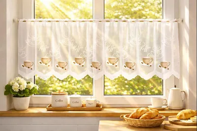 Produktbild von KAMACA Bistrogardine Kürzbare Scheibengardine Handveredelte Küchengardine mit Kaffeetassen-Motiv Halbtransparenter Kurzstore Sichtschutz lichtdurchlässig Individuell anpassbar (HxB 45x145 cm Kaffee)