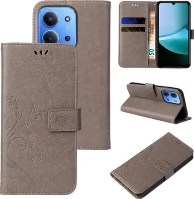 Produktbild von Handyhülle für Xiaomi Redmi 15C Floral Blumen Schmetterling Flip Cover Hülle Case Klapphülle Handytasche Farbe: Grau