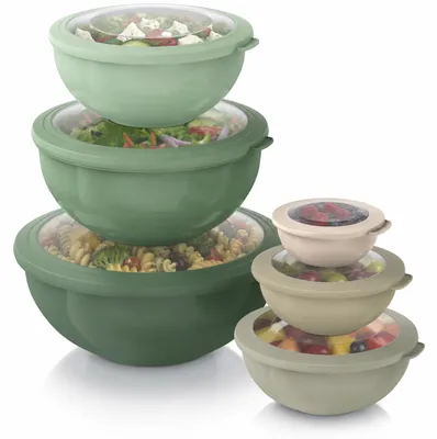Produktbild von Arendo Salatschüssel Set 6-teilig mit Deckeln, XXL Schüsselset 0,26 bis 5 l, luftdicht, auslaufsicher, Silikondichtung, mikrowellen- und spülmaschinengeeignet, grün/grau