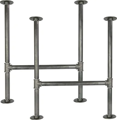 A set of four industrial-style metal pipe table legs, each with a circular flange at the top and bottom, arranged on a white background.