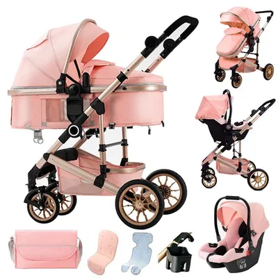 Produktbild von Kinderwagen 3-in-1 – r, zusammenklappbarer Kinderwagen mit Autositz – Hohe Qualität – Rosa
