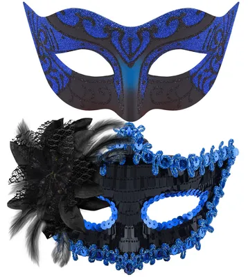 Image de Elzusha - 2 masques vénitiens - Masques de carnaval - Masques de fête - Déguisement - Halloween - Carnaval - Noir et bleu - Masque de fête