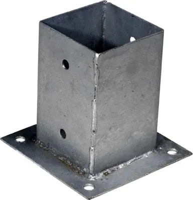 A galvanized steel post anchor with a square base and a hollow square top, shown against a white background.
